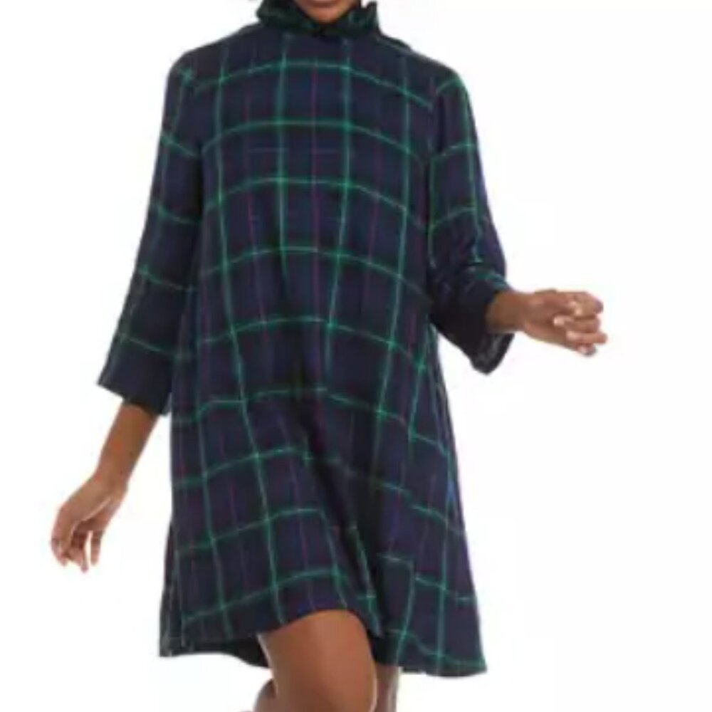 Crown & Ivy Women's Bow Back Navy Plaid Ruffle Dress - Medium